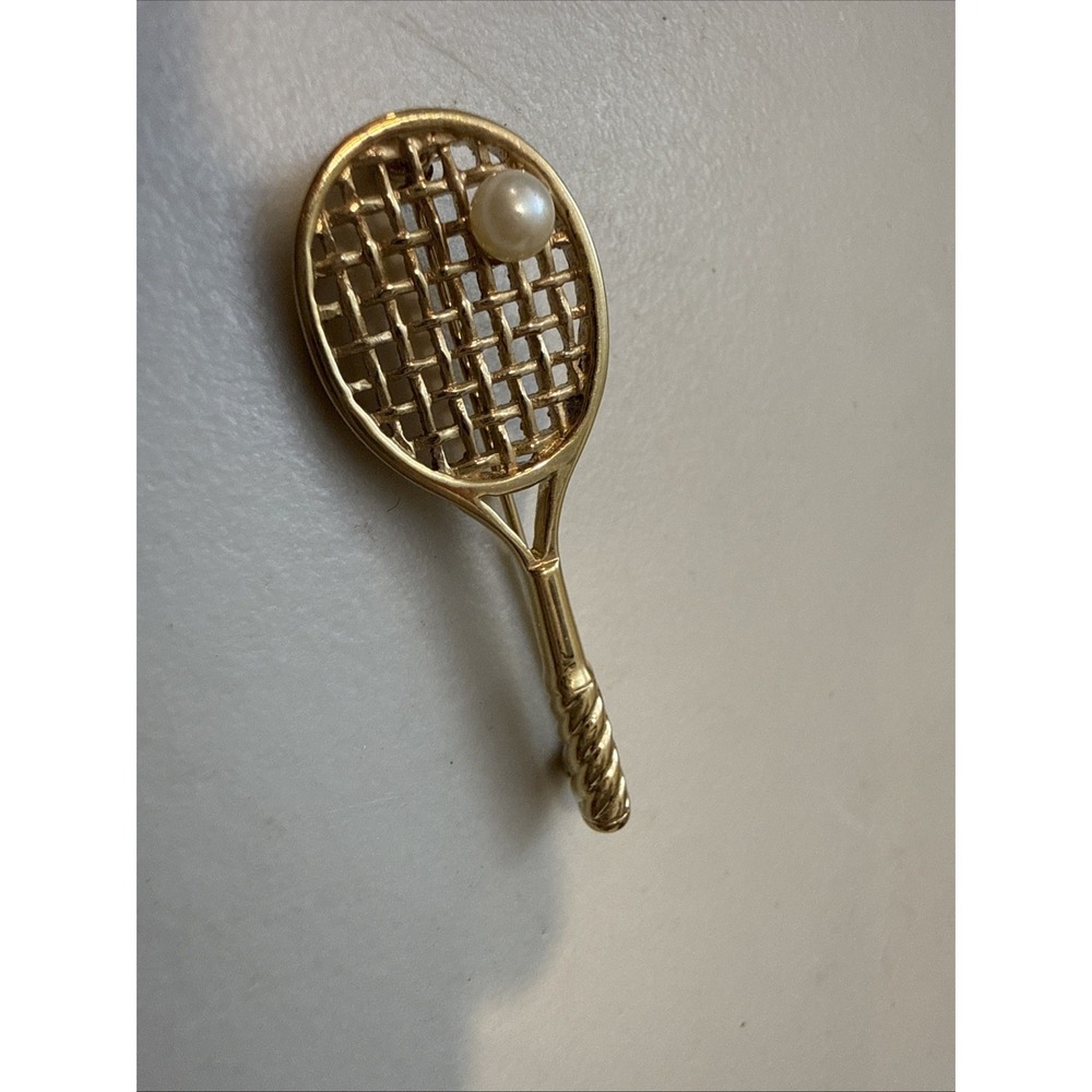 Vintage Signed Carolee Vintage Tennis Racket With Faux Pearl Brooch Pin